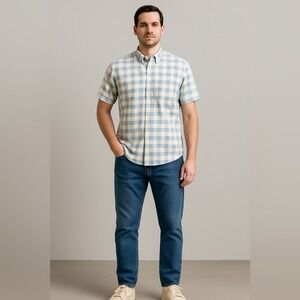 Customized Version by Dubinik Plaid Short Sleeve Button-Down‎ Shirt – Size L